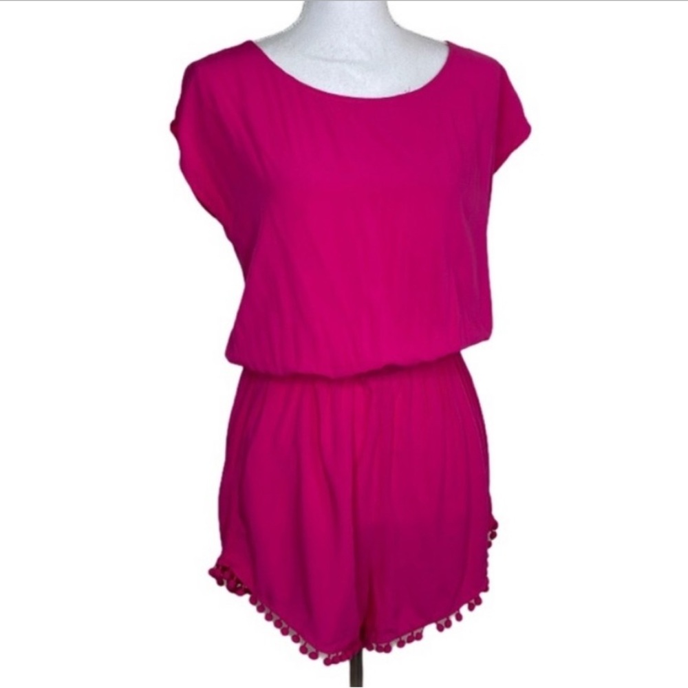 Bright Pink Romper Open Tie Back Detail w/Pom-pom Hem *NWT